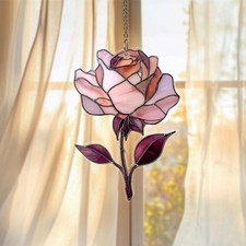 Pink rose window suncatcher, elegant floral decor and romantic gift