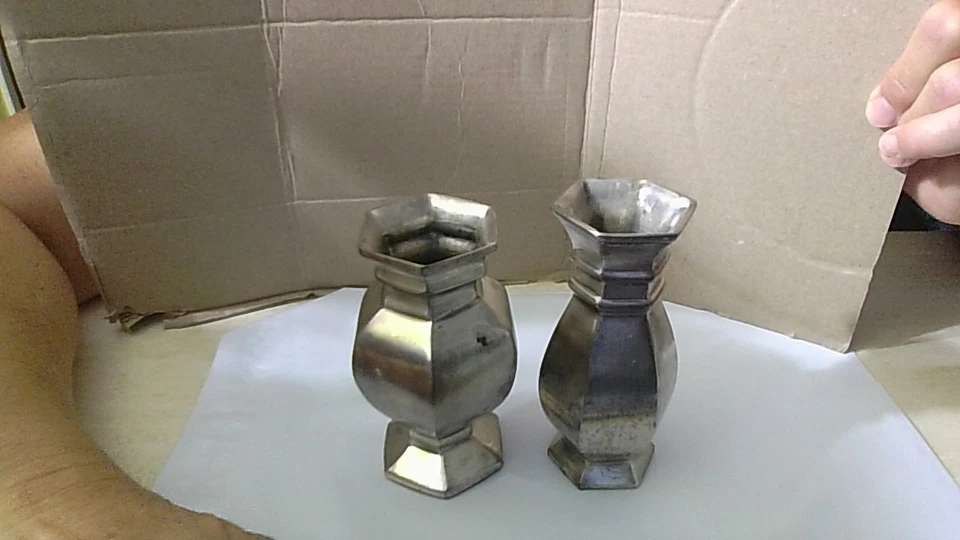 Pottery Barn Set of Two Pewter Metal Bud Vases 4.5" Tallest Patina/Scuffs/Dings - Image 3 of 4