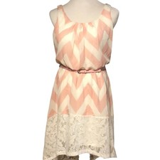 Pink White Chevron Chiffon Lace Hem Belted Sleeveless High-Low Dress Womens