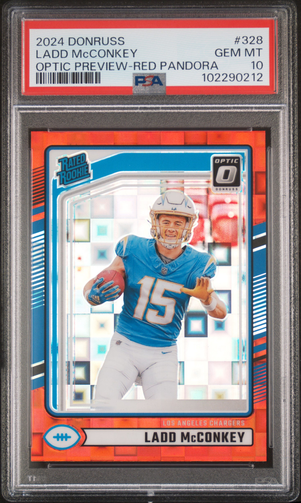 Ladd McConkey 2024 Donruss Optic Rated Rookie #328 Preview Red Pandora PSA 10