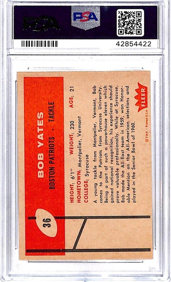 1960 Fleer #36 Bob Yates Boston Patriots Football Card PSA 8 NM-MT ID:45678 - Image 2 of 2