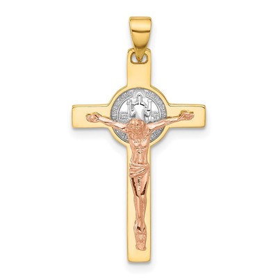 14K zweifarbig mit weißem Rhodiumkruzifix und St. Benedikt Anhänger