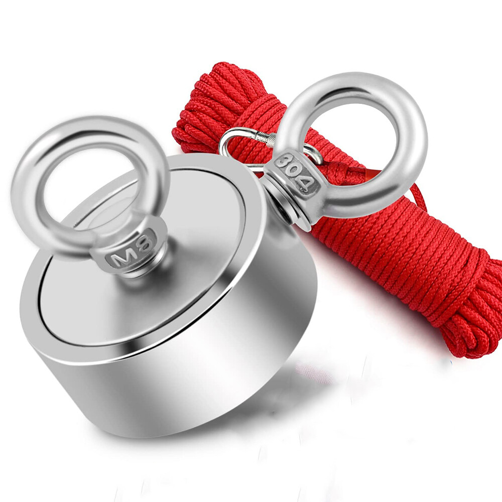 UP TO 1800 Lbs Pull Force Fishing Magnet Kit - Strong Neodymium With Carabiner & Rope - Made In USA