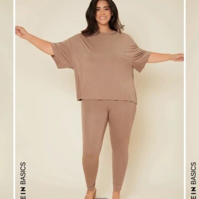 SHEIN BASICS Plus Solid Drop Shoulder Top & Leggings Set  in Apricot(Brown) 1XL