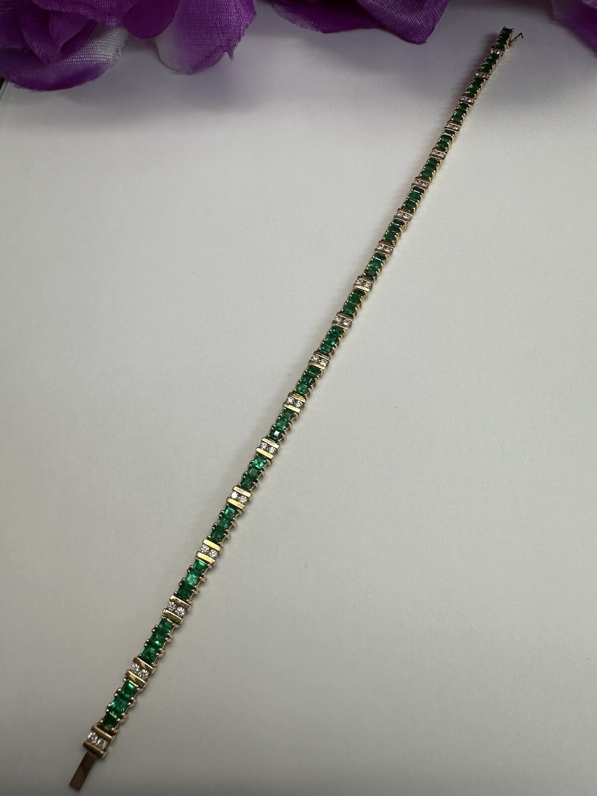 Stunning Emerald & Diamond 14k Line Bracelet Princess Cut & Rounds