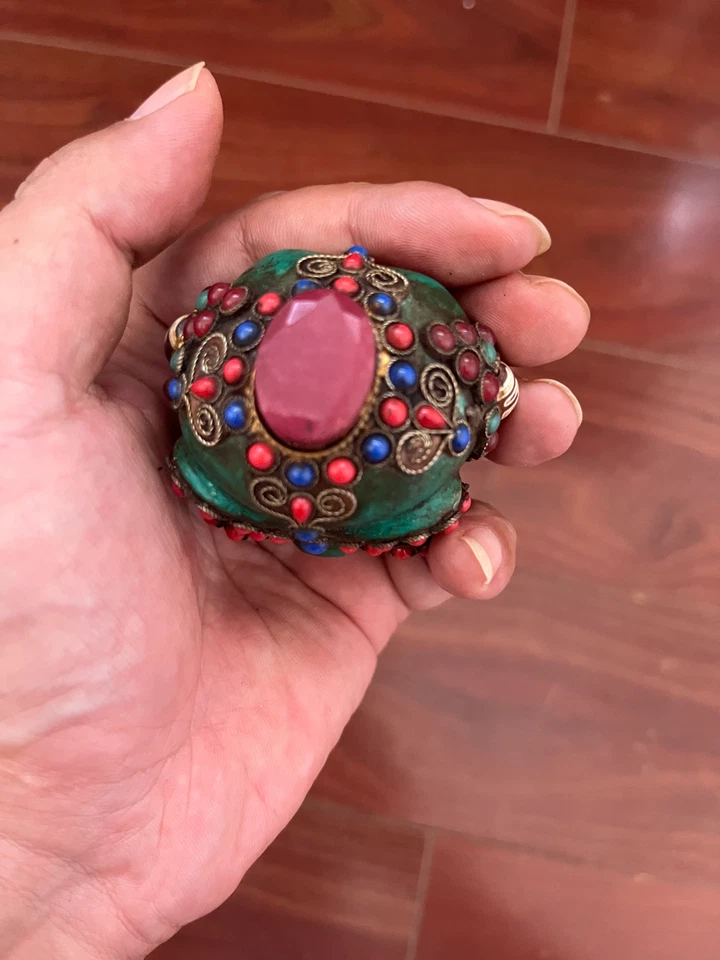 China Tíbet Nepal Turquesa Incrustación Piedras Preciosas Budismo Calavera Skeliton Dakani Estatua Foto 2 de 4