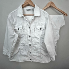 Chico's Platinum | White Denim Jacket Pants Set Rhinestone Button | Size 3, Xl 1