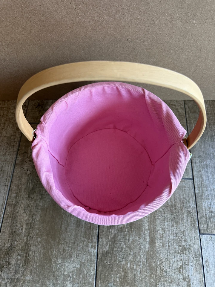 Pink and Green Flower Embroidered Lined Wooden Easter Basket - Image 2 of 3