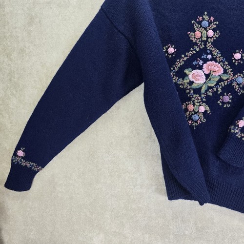Deans Of Scotland 100% Wool Womens Blue Sweater W/ Floral Needlepoint Size Xl - Picture 8 of 23