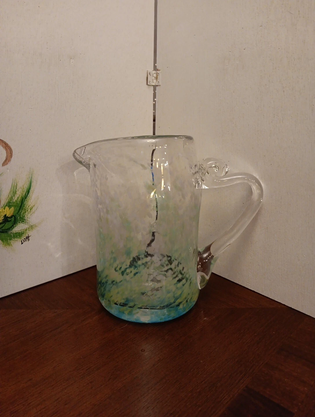Art Glass HAND BLOWN HEAVY CONFETTI Glass PITCHER 40 Oz. Turquoise  Yellow  Wht