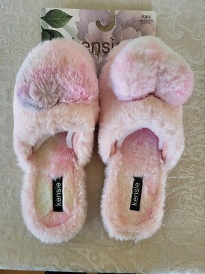Kensie Pink Faux Fur Print Memory Foam Slippers Size NWT