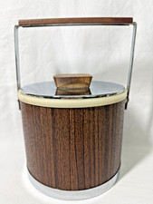 Vintage MCM Kromex Wood Grain Look Ice Bucket Chrome Lid~Insulated~Made In USA