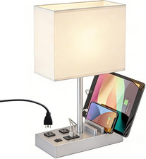 Modern Bedside Lamp with 3 USB Ports, 2 AC Outlets  Phone Stands
