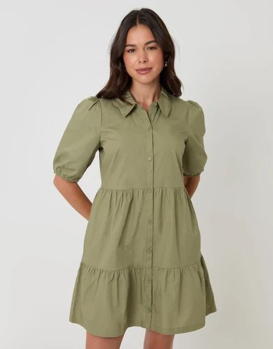 Threadbare Womens Olive Green Cotton A line Mini Short sleeved Dress