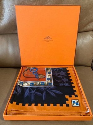 HERMES Carre 90 MUSIQUE DES DIEUX Scarf Orange X Navy Women | eBay