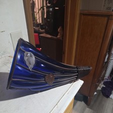 Vintage Deep blue metal wrapped glass cornucopia w/ a brown varnish