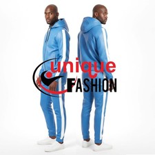 Mens Sky Blue/White Real Leather TrackSuit Sweatsuit With Hoodie Jacket Trousers