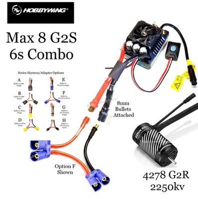 RCP-RTR Hobbywing EZRUN Max 8 G2S ESC- 4278 2250kv 6s Combo 8mm Bullets Attached