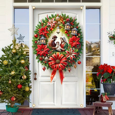 Christmas Door Cover Nativity Scene Christmas Wreath Door Hanging Banner Holy Re