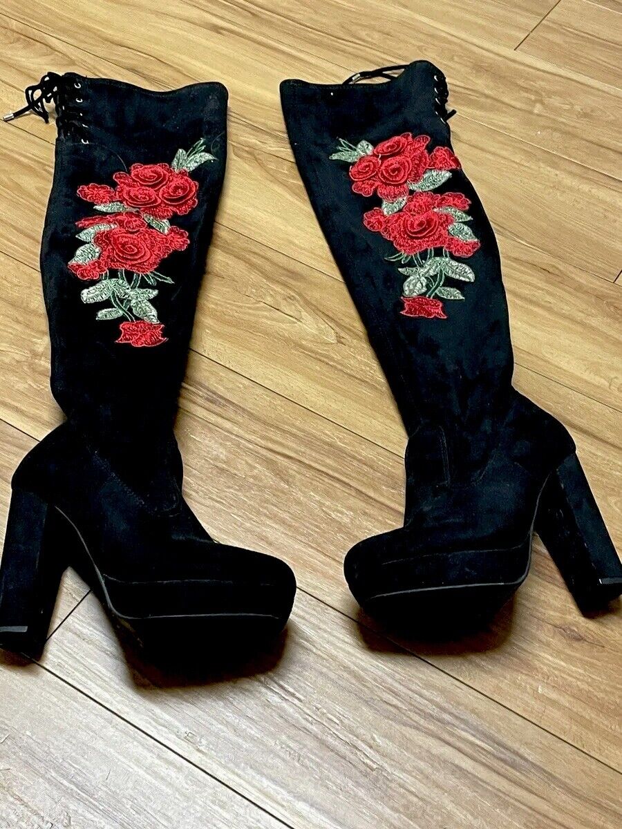 Black Rose Thigh High Suede Platform Boots Size 7… - image 1