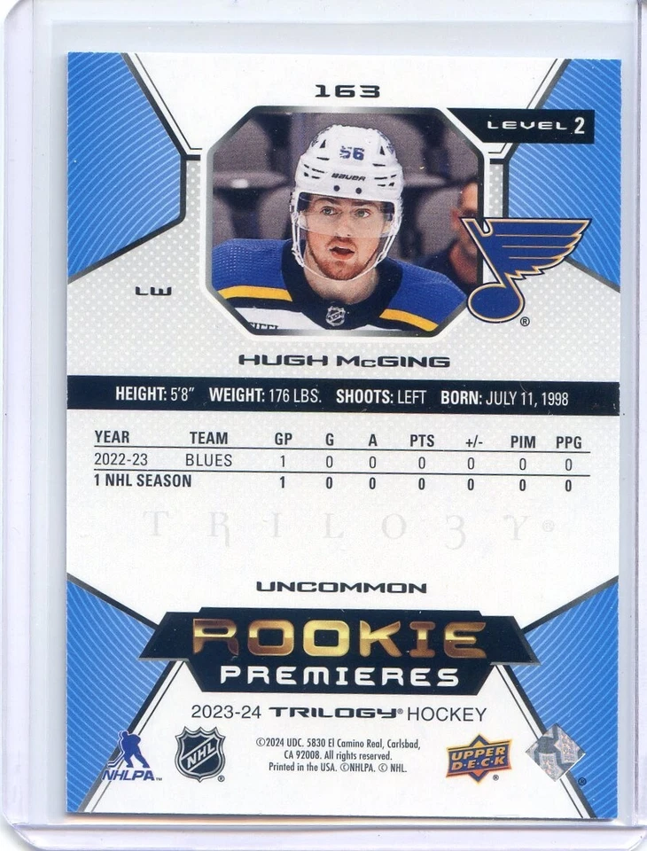 2023-24 Upper Deck Trilogy Rookie Premier #/699 NO. 163 Hugh McGing, St. Louis B - Image 2 of 2