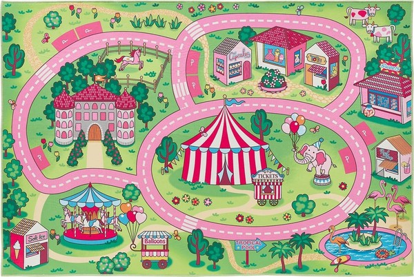 Kinderteppich Kinderspielteppich Spielteppich SpielstraßE GrüN Pink 150 X 100 Cm-image