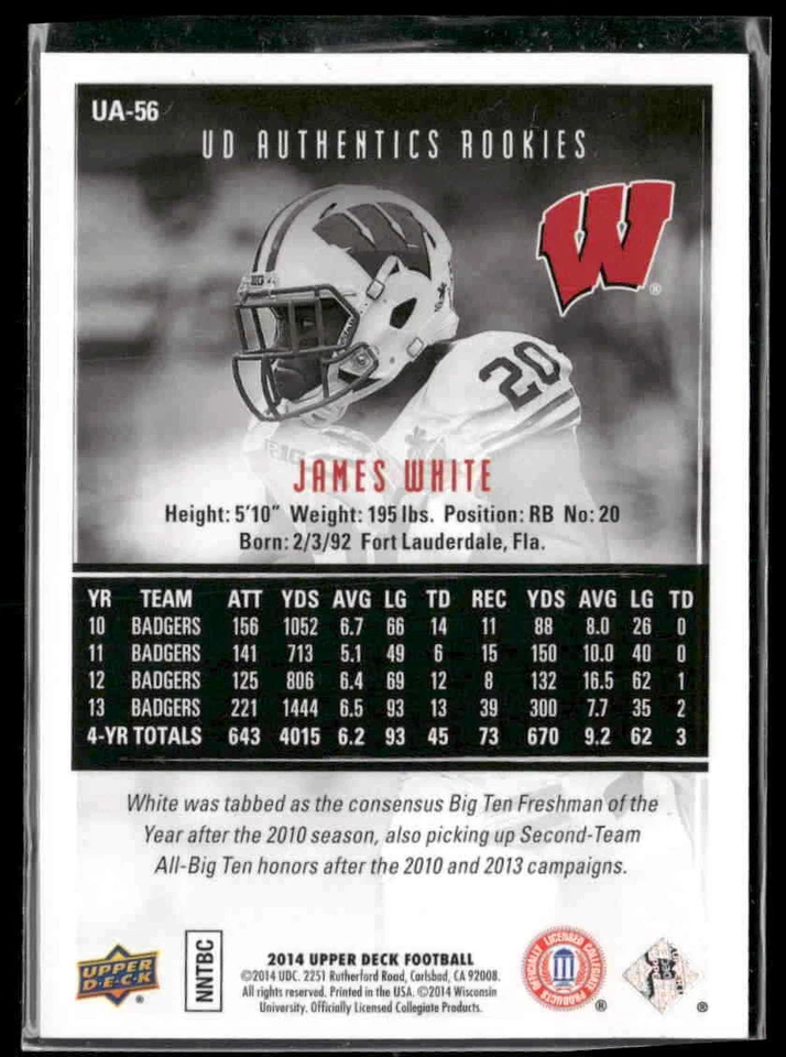 2014 Upper Deck #UA-56 James White Authentics Rookies #/430 - Image 2 of 2