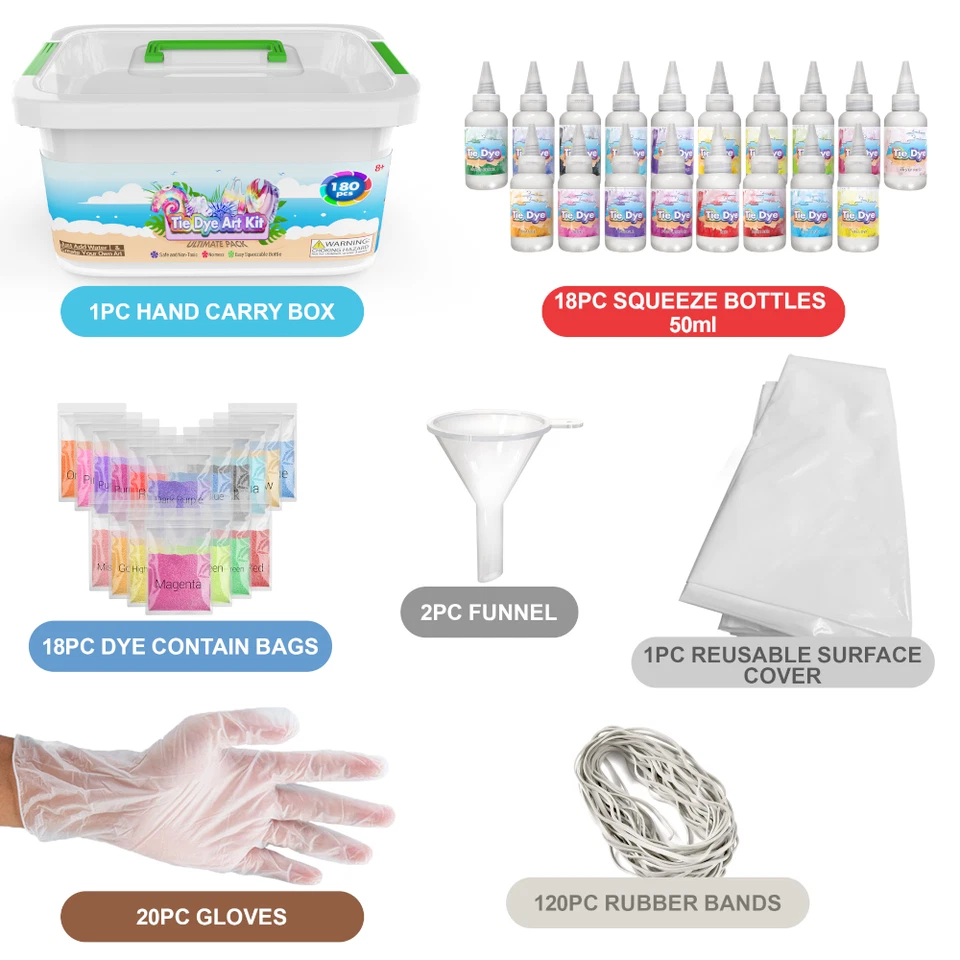 Tie Dye Kit Set of 18 Colours Ink Tie-Dye Kits for Dyeing Fabric Clothes 180pc - Image 3 of 4