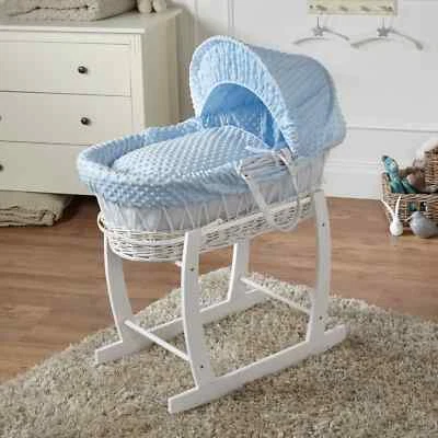 Baby Moses Basket With Stand Blue Dimple Bedding and Mattress White Wicker