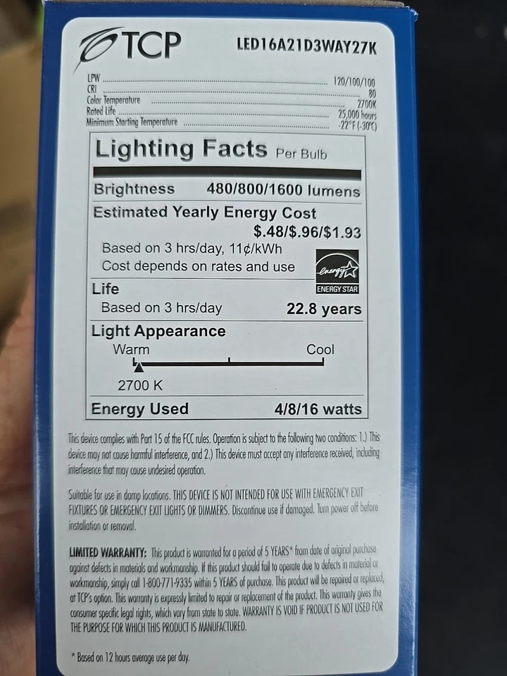 TCP Ligth Bulb LED A21 - 3-Way - 4W/8W/16W - 2700K - LED16A21D3WAY27K - Image 2 of 4