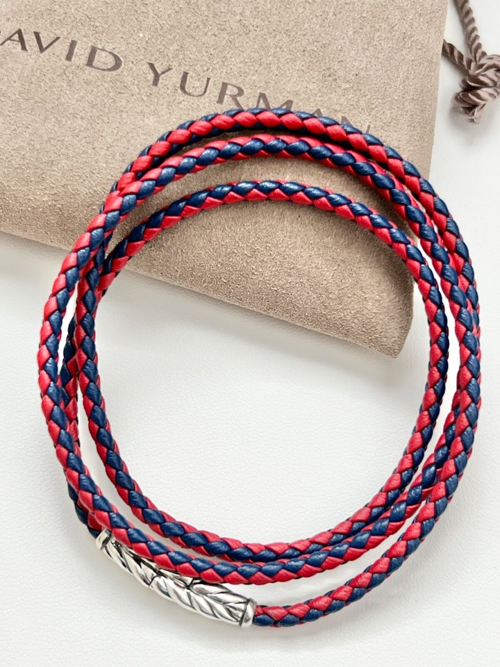David Yurman .925 Sterling Silver Chevron Triple Wrap Blue Red Leather