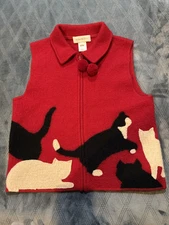 Women's Vtg SUSAN BRISTOL Red Wool Frolicking Cats Pom Zipper Sweater Vest Sz PS
