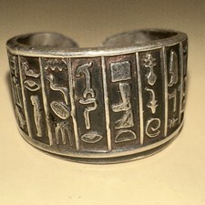 Egyptian Hieroglyphs Design Open Sterling Silver Ring Size 8 6.2g 