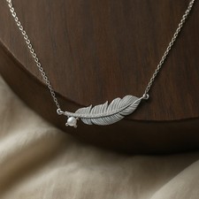 Pearl & Diamond Feather Necklace 925 Sterling Silver June Birthstone #1028