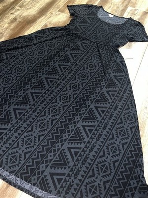 LuLaRoe Riley Dress Large 14/16 12/14 Black/Gray Aztec Empire Waist Midi Tribal