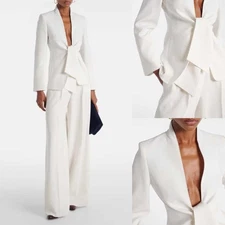 Women White Suit Single Breasted Jacket Belt Loose Fit Pants Business 2Pcs