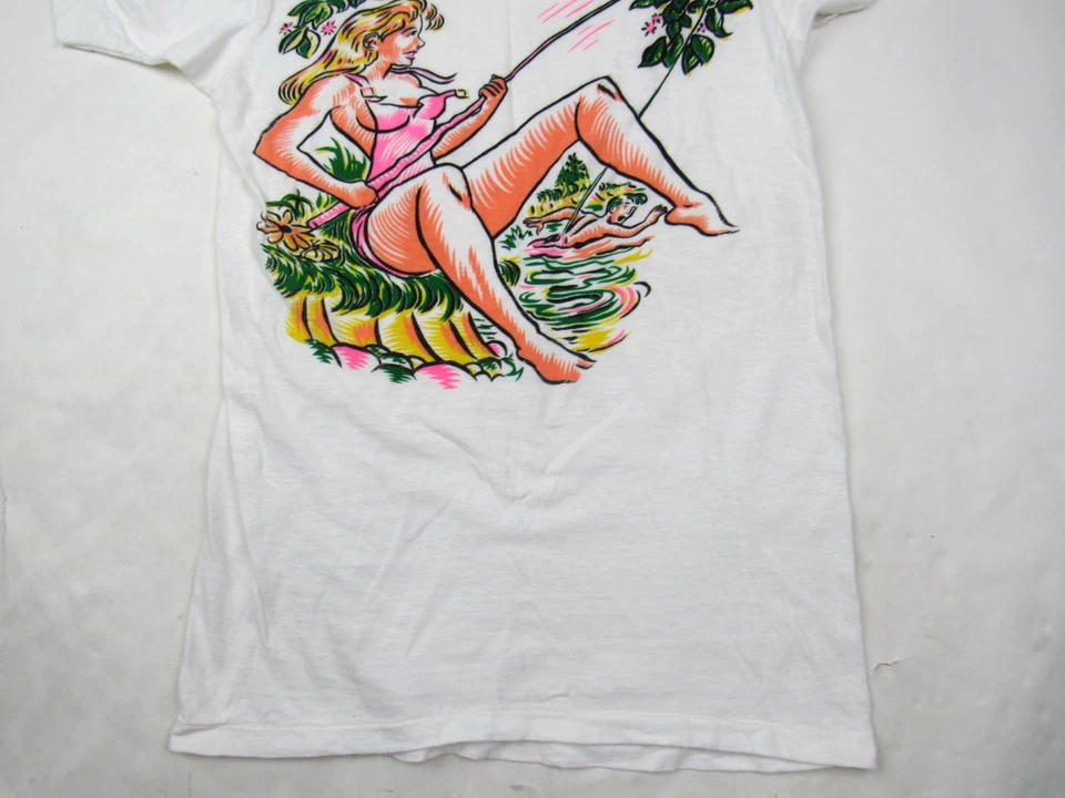 Vtg 1950's Pin-up Novelty Print Shirt Woman Fishing for Man Funny Mid Century - Image 3 of 4