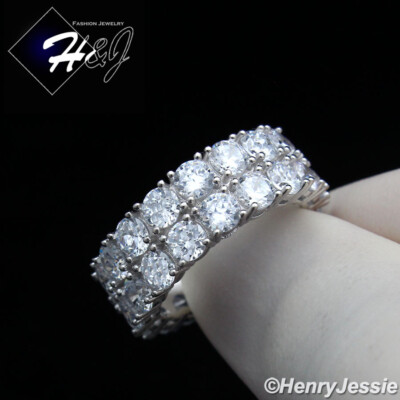 MEN WOMEN 925 STERLING SILVER ICY CUBIC ZIRCONIA 8MM 2 ROW TENNIS BAND ...