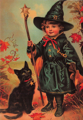 Postcard Halloween Little Boy Witch with Staff Black Cat 4x6 Modern Print