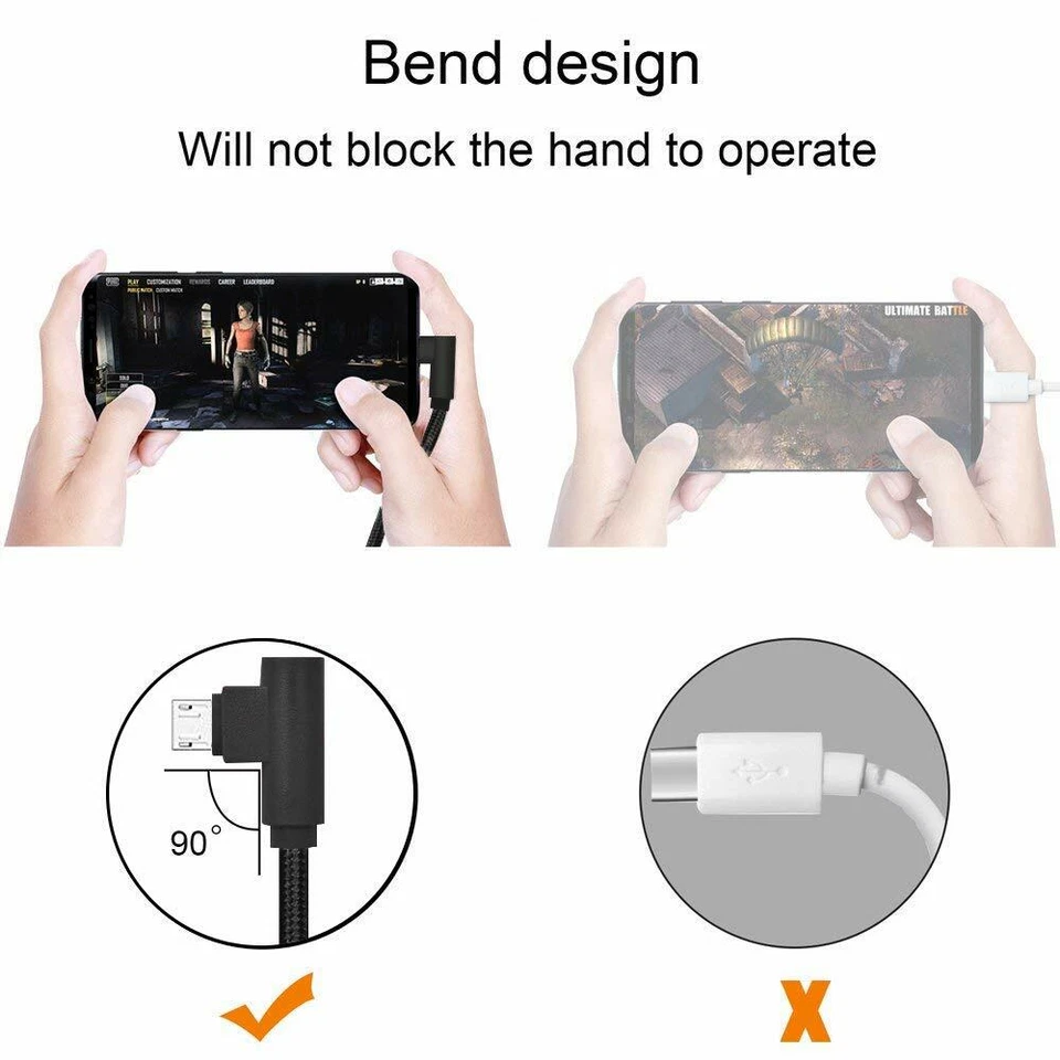 2 PACK 10FT Micro USB Cable 90 Degree RIght Angle Fast Charge Extra Long Charger - Image 2 of 4