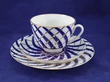 Russian Imperial Lomonosov Porcelain TODES TEA CUP SET 3-Piece Cobalt Blue/Gold.