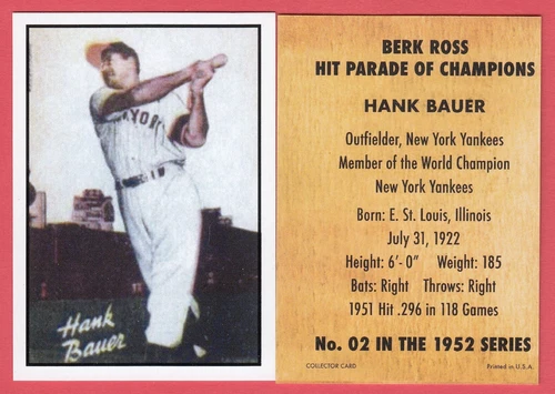 1952 Style Baseball Collector Card #02 Hank Bauer -- New York Yankees
