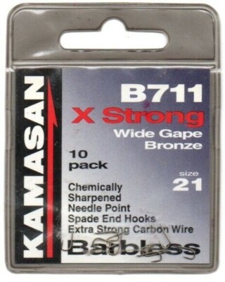 KAMASAN B711 X STRONG WIDE GAPE BRONZE BARBLESS HOOKS   Size 21's