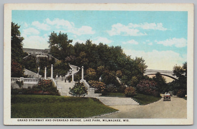 Grand Stairway Overhead Bridge Lake Park Milwaukee Wisconsin WI Postcard C5