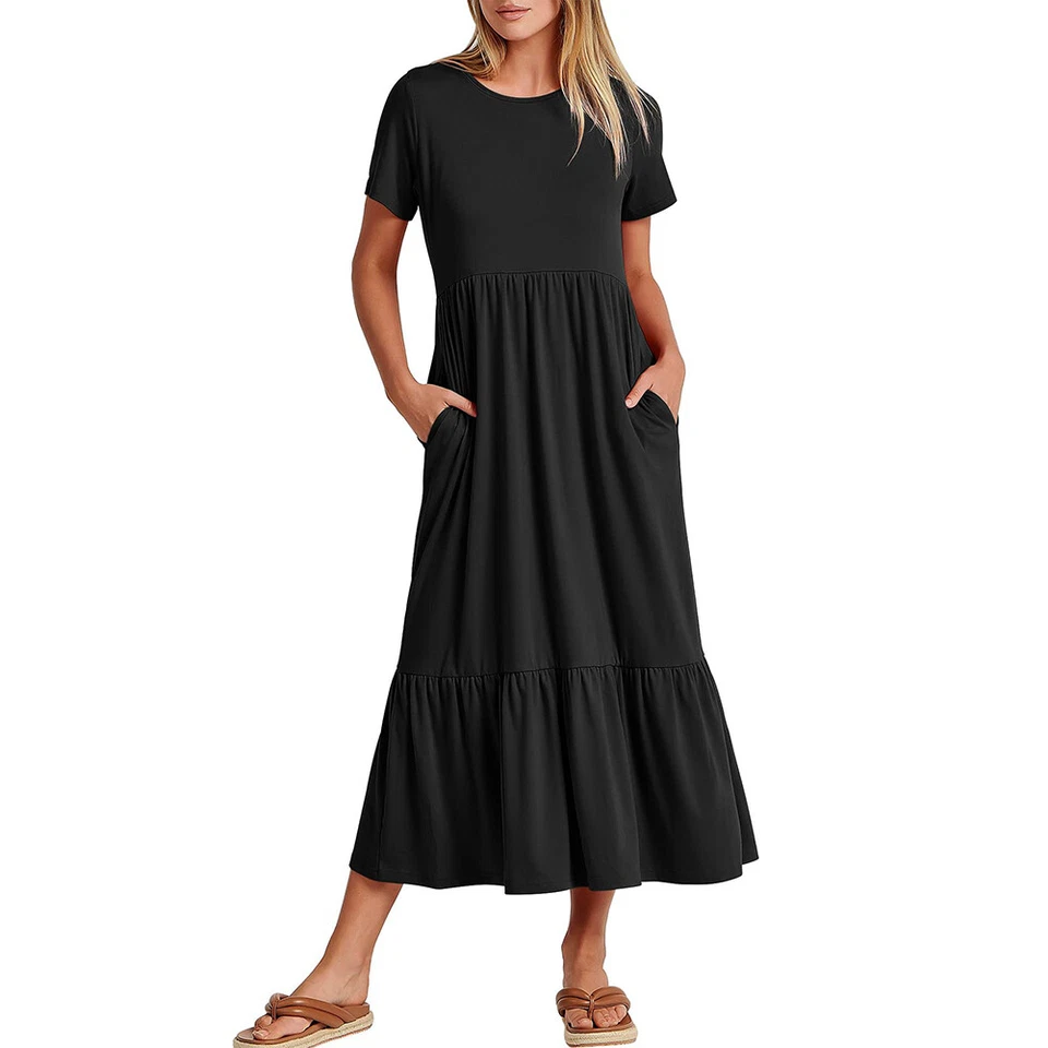 Women Ladies Maxi Dress Cocktail Party Evening Summer Beach Pockets Sundress - Image 3 of 4