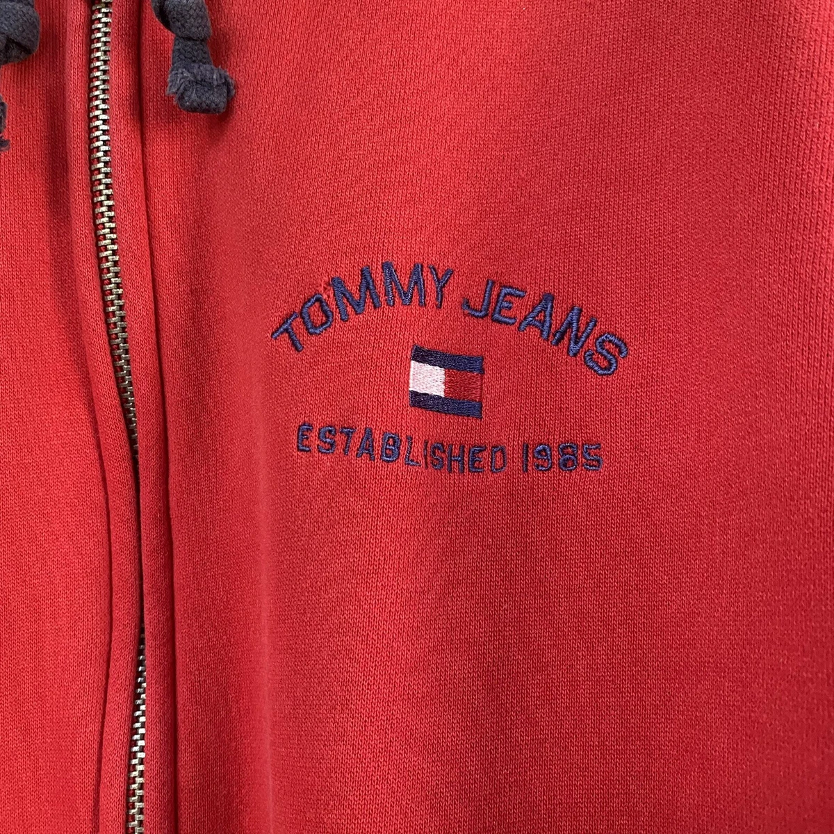 Vintage Tommy Hilfiger Jeans Hoodie Full Zip Spellout Sweatshirt USA Size Large