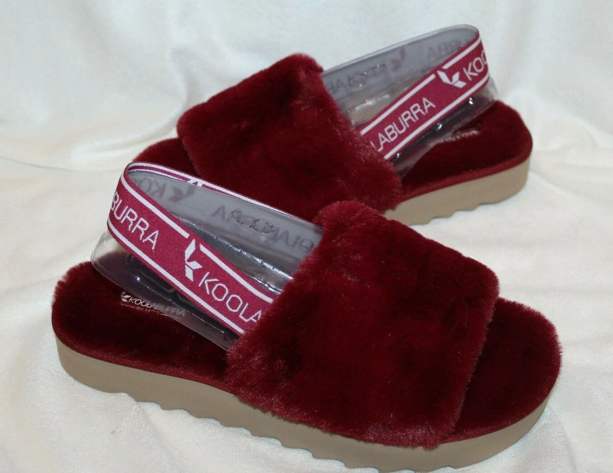 NIB UGG Koolaburra Women s Fur Slide Slip On Sandal Slippers Burgundy 9 10 11