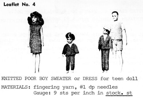 Poor Boy Sweater, Dress, Slacks 6", 9" & 12" Teen Doll KNIT or CROCHET Pattern - Afbeelding 1 van 2