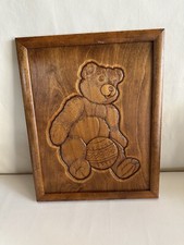 Vintage Hand carved Teddy Bear on Wood Plaque