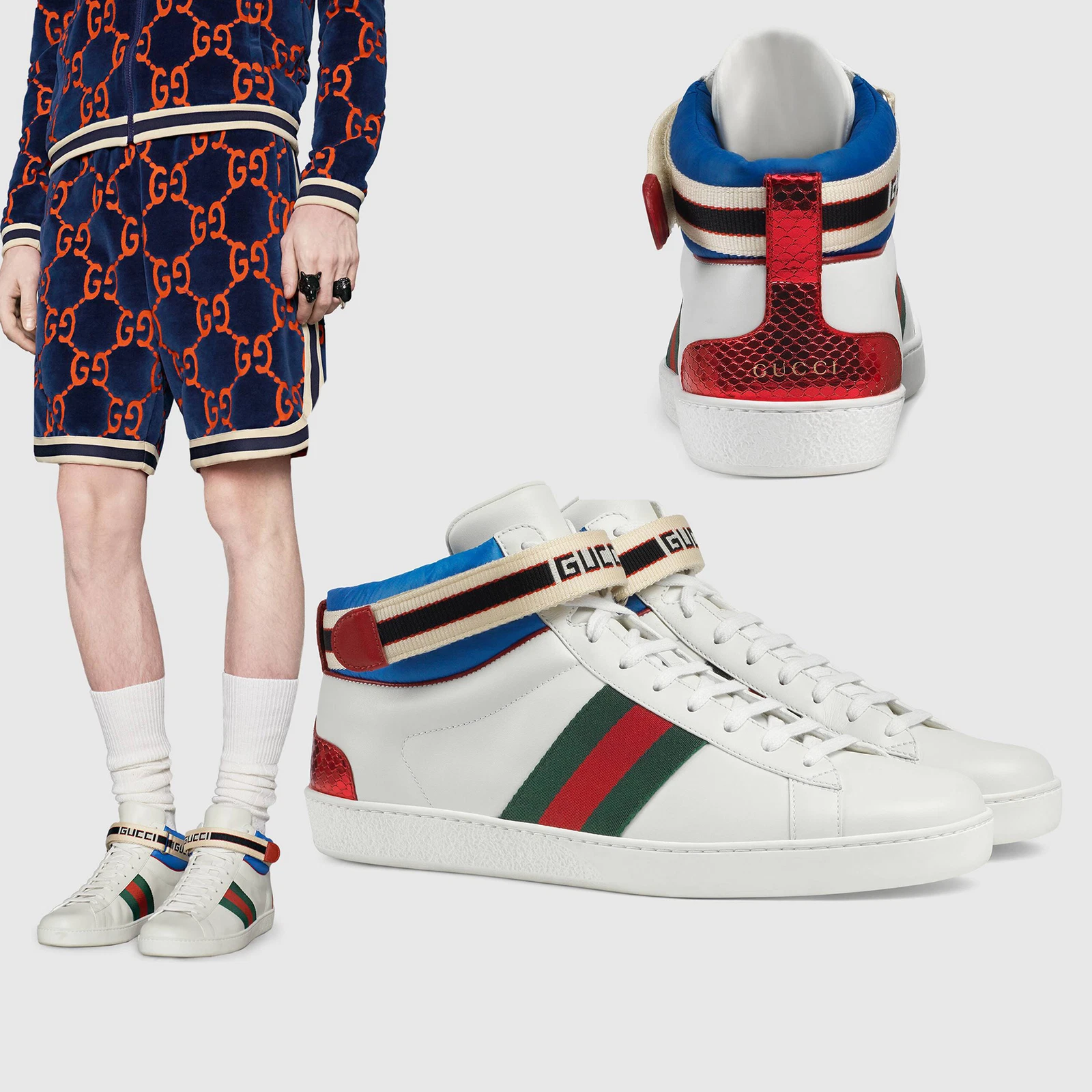 BASKETS GUCCI HOMMES LOGO ACE RAYURES WEB SERPENT DOS HITOP CHAUSSURES 6,5 G US 7